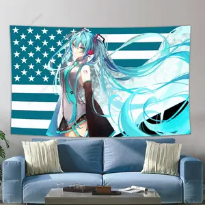 60in x 40in  home decor banner Anime Tapestry H-Hatsunes M-Miku American Flag Banner Cute Anime Background Cloth Teen Girl Bedroom Decor Kawaii Wallpaper Gifts funny hanging poster fan bedroom living room gift