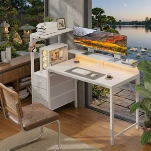 Gaming Desk with Ergonomic Monitor Stand and Dresser Cabinet, LED Strip Lights, Built-in Power Outlets & USB Charging Port, Home Office Computer Desk with Storage Drawers, PC Tower Stand and Headphone Hook, Modern Workstation Table for Bedroom Living Room