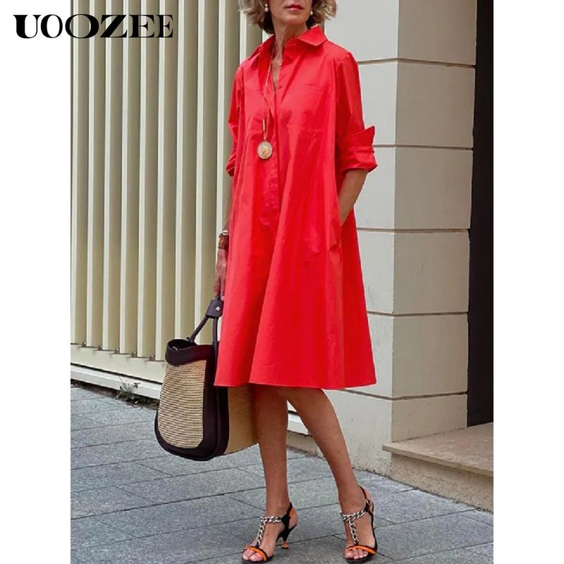 UOOZEE- LIVE Women's Long Sleeves Solid Color Lapel Maxi Dresses Midi Dresses Summer White