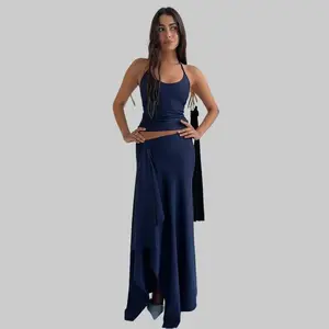 Halter Neck Asymmetrical Hem Sleeveless Crop Top & Maxi Skirt Two-Piece Set 2026 Spring Summer Solid Color Slim Fit Outfit for Vacation Date Casual Outing Skirt Suit