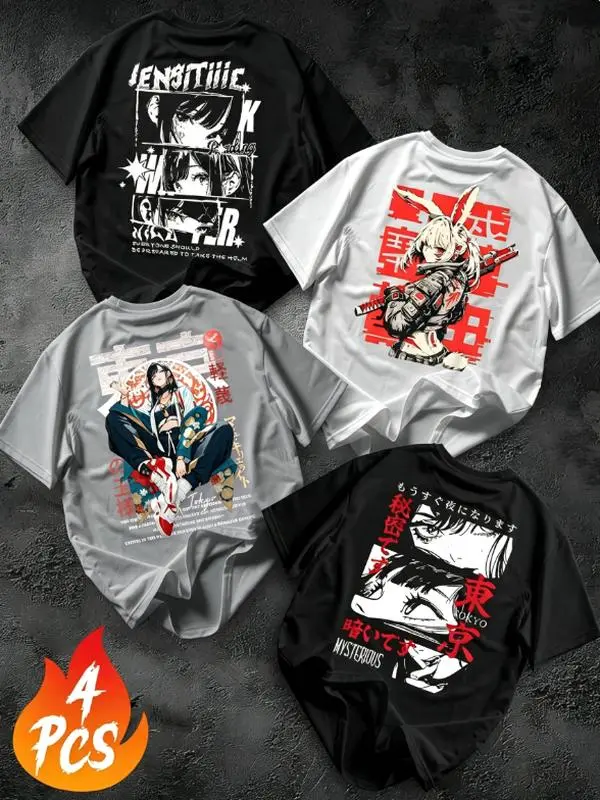 4-Pack Men's Casual Tees, Loose Fit 100% Cotton T-Shirts with Japanese Manga Graphic Print, Round Neck Streetwear for Spring Summer, Casual Tee, Clothes
