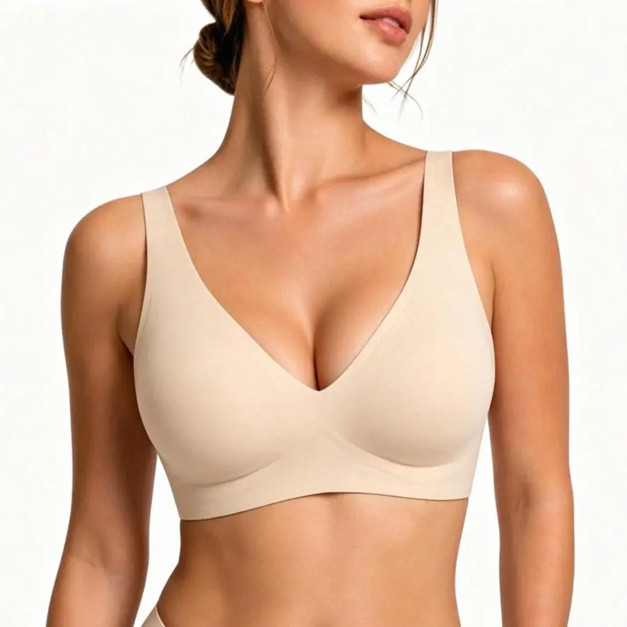 Ausppli Womens Wireless Jelly Support Bra Seamless Deep V T-Shirt Bra Second Skin Soft Comfort Everyday Wear
