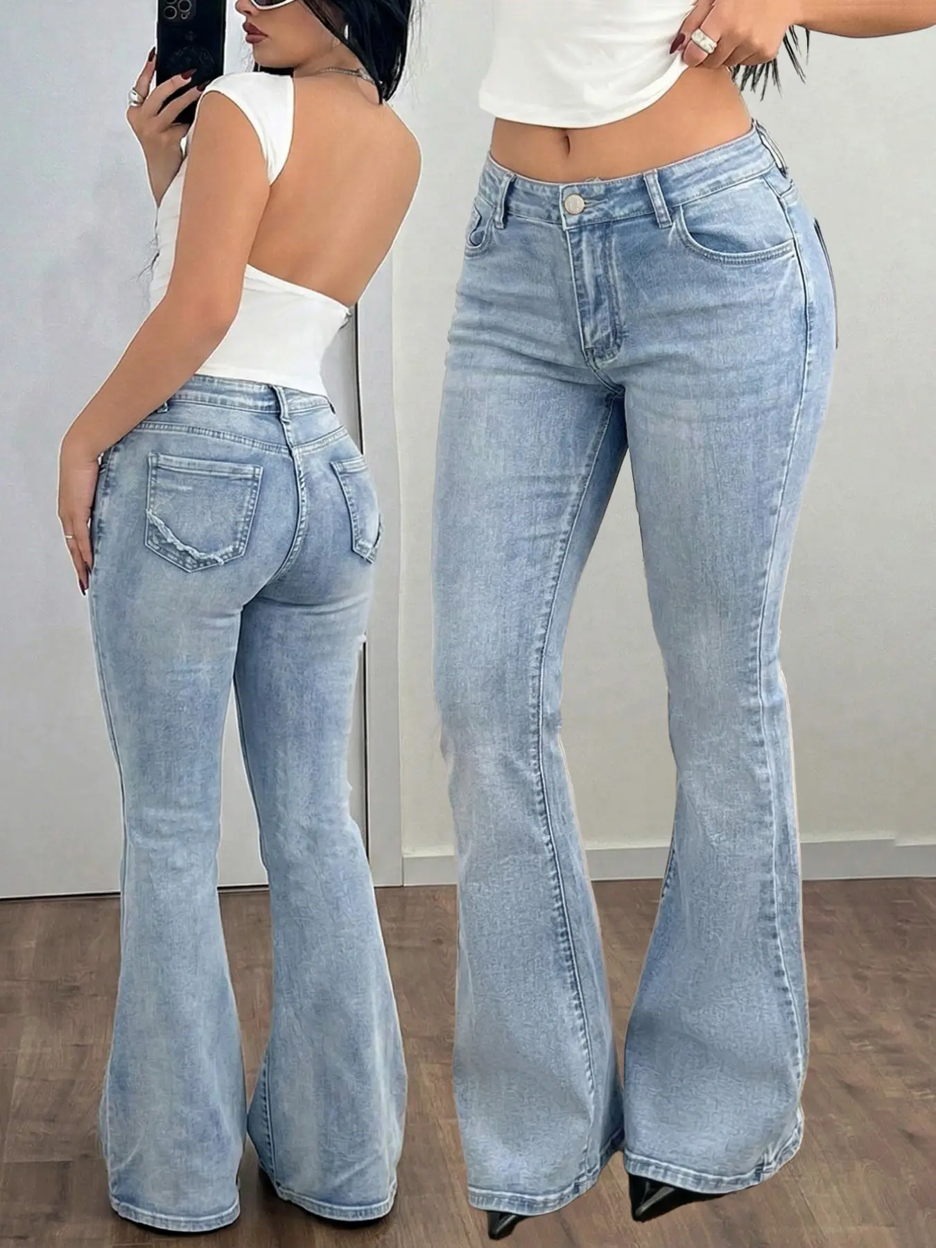 Women's Basic Light Blue High Waist Slim Fitted Bell Bottom Denim Jeans, Denim Bottoms, Y2K Vintage Flared Style Pants, Casual Streetwear for Spring Fall