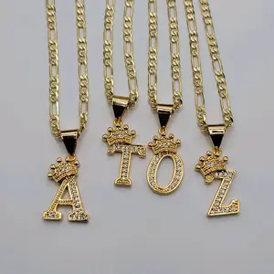 Elegant Letters with Crown and Clear Stones A to Z 18k color,  chain Figaro Link 14k color 24 & 18 Inches 3.5 mm laminated gold.