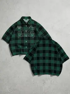 Men’s Green Plaid “Paris Since 1987” Short Sleeve Shirt, Oversized Streetwear Button-Up with retro letter print, cropped fit, perfect for casual outings, vintage-inspired looks, and everyday streetwear outfits with a fresh, preppy vibe. #Streetwear #Plaid