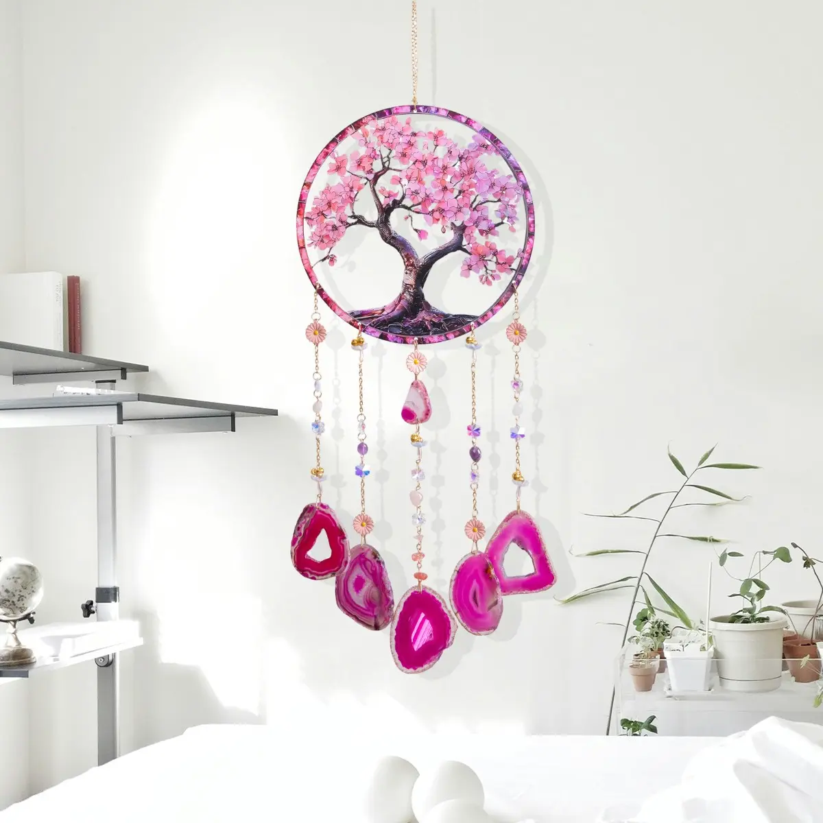 Acrylic Material Cherry Blossom Design, Floral Decor, Hanging Decoration Wall Art, Natural Agate Chain Pendant Dream Catcher Sun Catcher, Room Decoration Ornaments, Home Decoration, Living Room Decorations, Birthday, Housewarming Gift