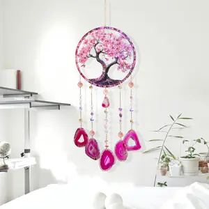 Acrylic Material Cherry Blossom Pattern Design Hanging Decoration, Natural Agate Chain Pendant Dream Catcher Sun Catcher, Suitable for Home Bedroom Living Room Window Garden Decoration, Unique Birthday, Housewarming, Holiday Gift