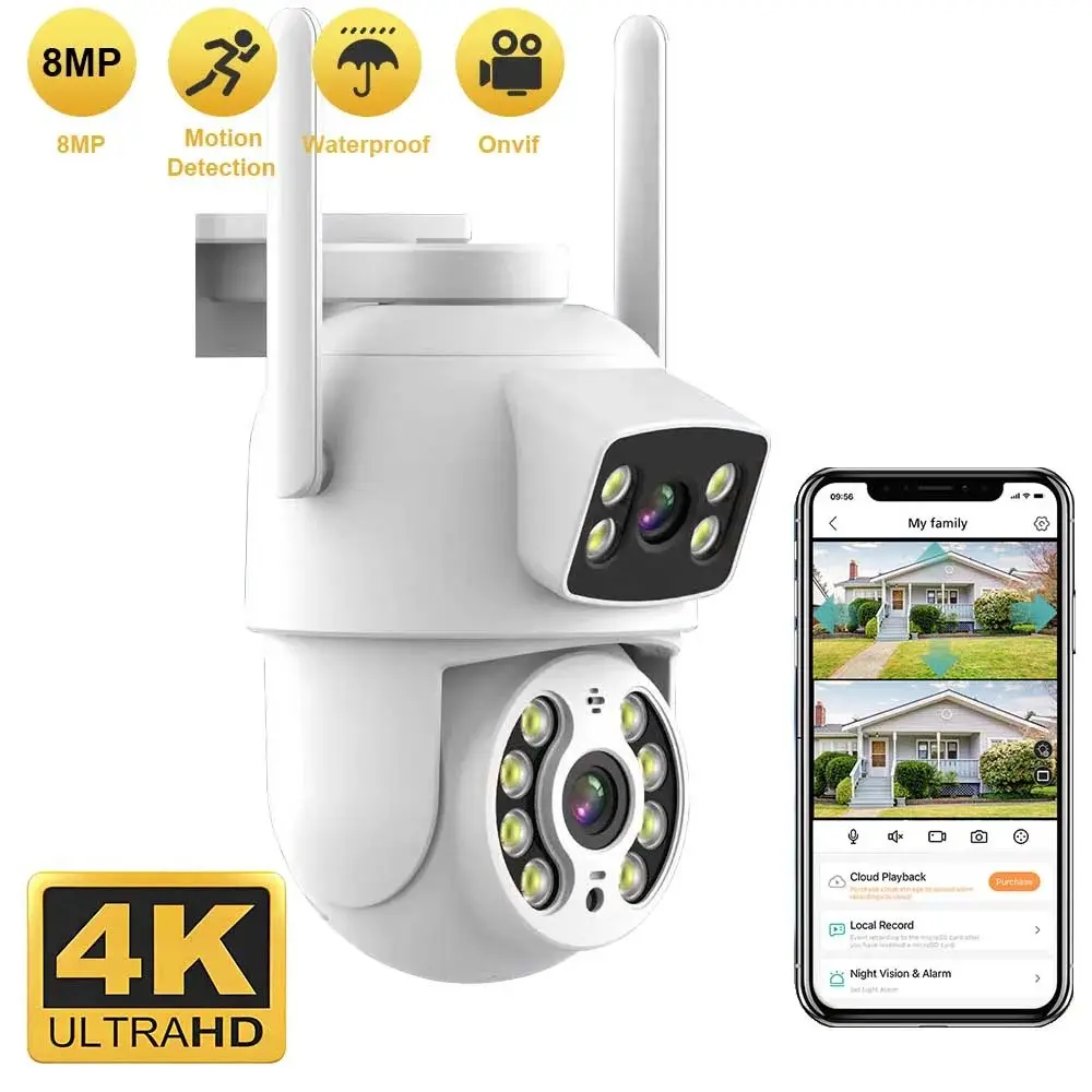 Dual Lens 4mp Outdoor WiFi Wireless Security Camera, Water Proof, 360° Ptz Rotation, Ai Motion Detection, Color Night Vision, Two-Way Audio, Remote APP Control, Home Camera