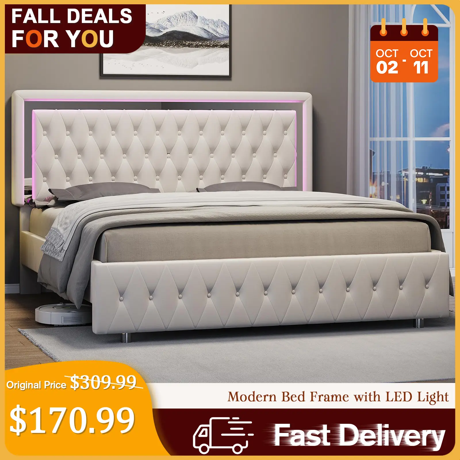 [TikTokShopfalldealsforyou]AMERLIFE LED Bed Frame with Led Lights Adjustable Headboard Velvet Button Tufted/Acrylic Mirror Accents, No Box Spring Need