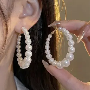 14K Gold-Plated Pearl Large Hoop DDES0037 Earrings For Commuting And Dating
