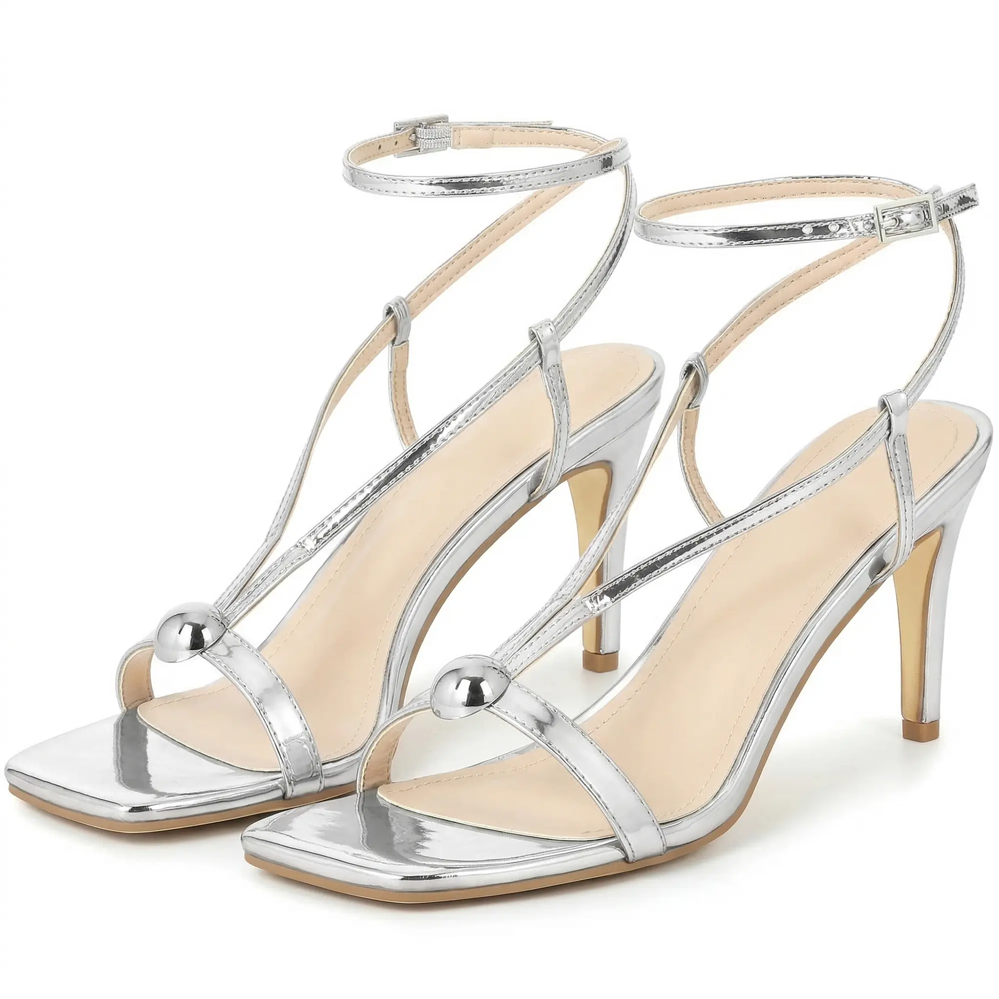 BLISSFUL STEP Square Toe Stiletto Heels - Women's Strappy Slingback Sandals with Ankle Strap, 3.5 Inch Dress Shoes for Wedding Party