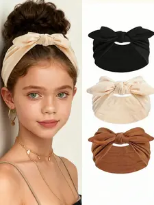 3pcs Girls Bowknot Rabbit Ear Headband, Boho Extra Wide Cute Rabbit Ear Knotted Headband, Solid Color Bowknot Hair Accessory, Suitable For Girls Daily Wear, Bunny Ears, Autumn/Winter Headband, Cute Hair Accessories