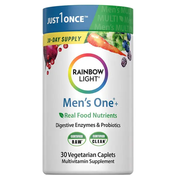 Rainbow Light Mens Multivitamin One + | 30 Caplets | Real Food Nutrients, Digestive Enzymes & Probiotics