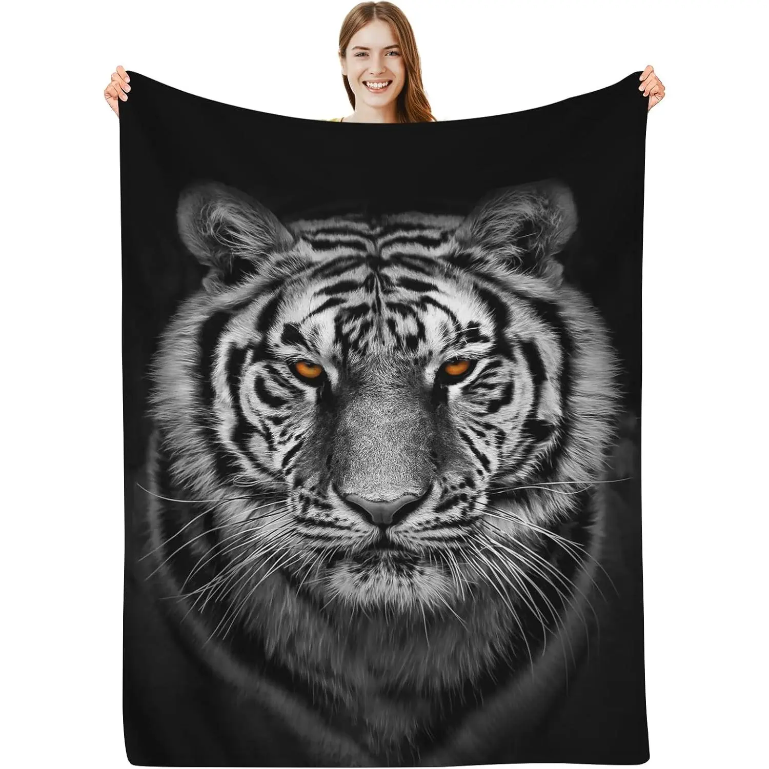 Tiger Blanket White Tiger Face Animal Print on Black Throw Blankets for Kids Adults, Tigers Decor Tiger Gifts for Women Men, Fluffy Fleece Flannel Soft Cozy Blanket Bedding
