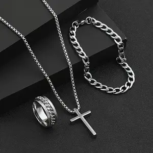 3pcs Set - Hip Hop Style Cross Pendant Necklace, Cuban Chain, Spinner Ring Valentine's Day Anniversary Birthday Party Gift Jewelry