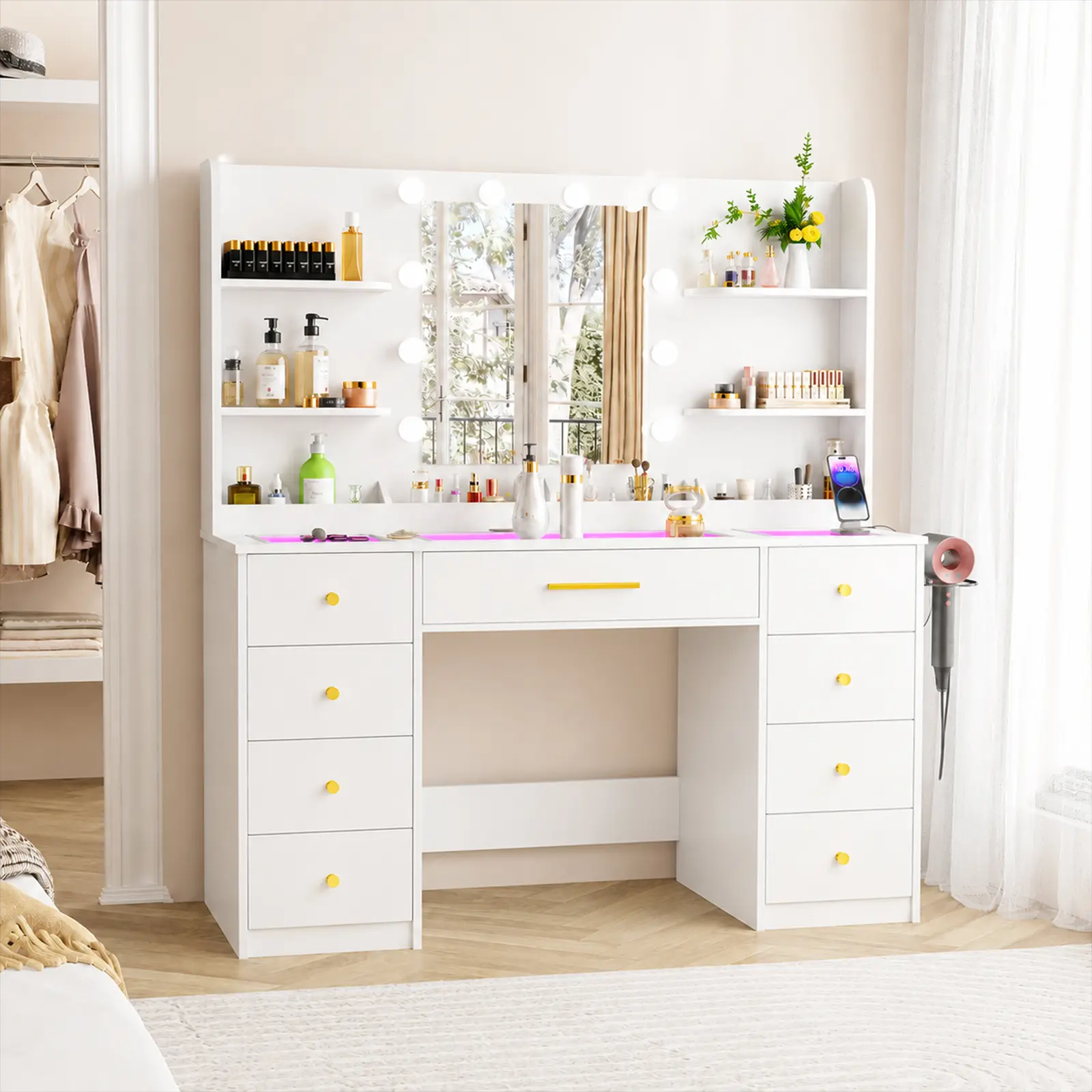 LAKEMID Modern Glass Top Vanity Set with Large Mirror Drawers Power Outlet 3 Color Adjustable Lighting for Bedroom White Design Desk LED Lights sound sync transparent gifts wives Charging Station RGB Makeup vanity desk Makeup Vanity Table Lighted Vanity D