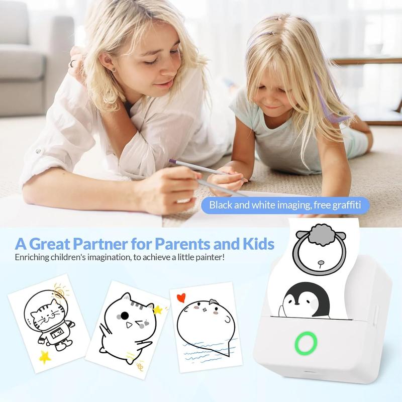 Mini Printer Portable Perfect Gift Wireless Sticker Printer for iPhone  1 Count USB Rechargeable Bluetooth-compatible Thermal Printer with 5 Rolls Paper, Compatible with iOS & Android, Office Supplies