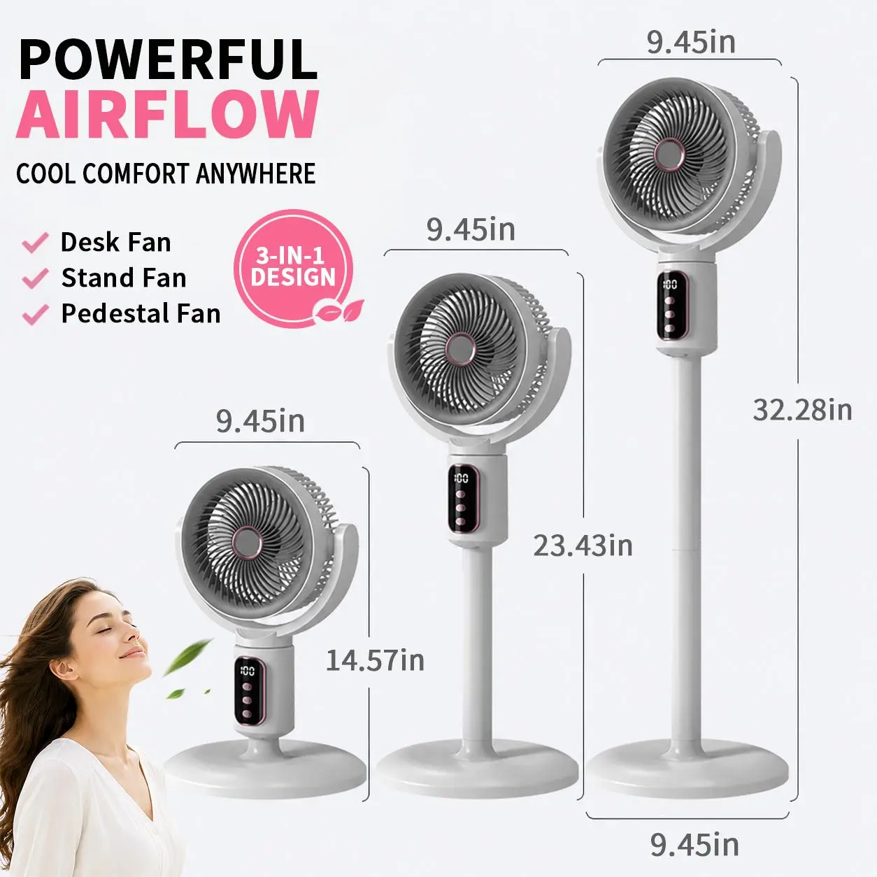 Pedestal Fan for Bedroom, 180° Auto Oscillation, 5 Speeds Air Circulator Fan, Ultra Quiet 8H Timer Cooling Fan with Remote Control, Adjustable Circulation Fan for Home & Office