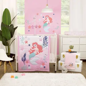 Disney The Little Mermaid Ariel Cute by Nature White and Pink Star Fish and Coral Reef 3 Piece Nursery Mini Crib Bedding Set - Comforter and Two Fitted Mini Crib Sheets