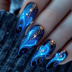 24pcs Dream Galaxy False Nails, Blue Starry Glitter Almond Shape, Medium Length, Easy to Remove, Reusable Nail Art Set