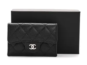 Pre-owned CHANEL Calfskin Small Leather Goods Caviar Quilted Flap Card Holder Wallet Black
