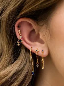 Celestial Planet Star Moon Dangle Huggie Mini Hoop Studs Earring Single Ear Sets Sterling Silver Gold Chain Earrings Cartilage Studs Small Huggie Earrings for Women Stud Earring Jewelry