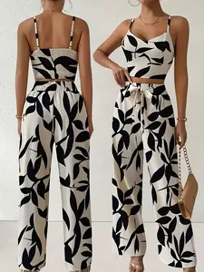 Spaghetti Strap Back Smocked Crop Top with Tie-Waist Wide Leg Pants Set for Womenswear Clothes Suits Bridal Elegant Elegant # summer vacation sets