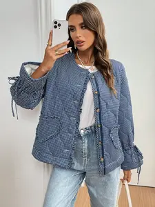 A women's short quilted jacket, Bell sleeve bolero, with blue polka dot print, drawstring bell sleeves, and a single-breasted design, featuring retro sweet style. It's suitable for relaxed stylish occasions such as daily shopping