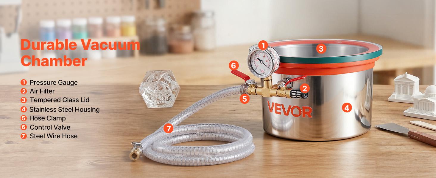 【fathersdaygift】VEVOR 1.5 Gallon Vacuum Chamber, Stainless Steel, Vacuum Degassing Chamber with Tempered Glass Lid, Hose, Air Filter, for Resin Casting, Stabilizing Wood, Degassing Silicone, Epoxies, Essential Oils