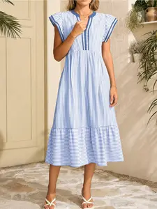 2026 Summer European Style Casual Chic V Neck Striped High Waist Flutter Sleeve Lightweight Midi Dress, Trendy Fashion for Women, Perfect for Daily Wear
