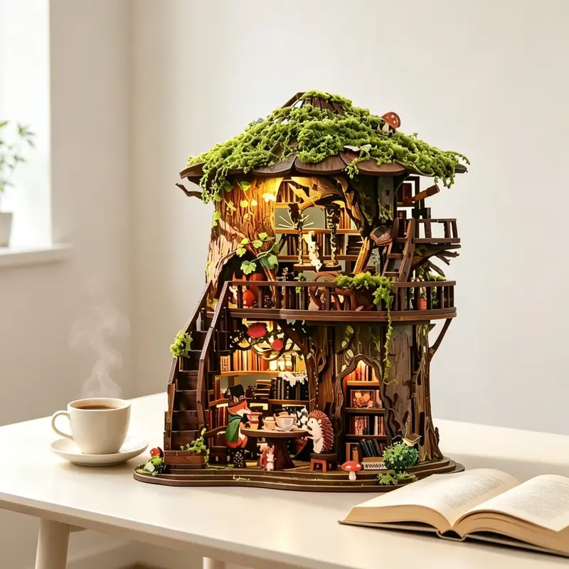Forest Tea Book Club Wooden Book Nook Model Building Kit - Adult 3D Wooden Puzzle, DIY Assembly Building Set, Hand-Built Mini Hut with Hardwood Slats, Acrylic Dust Cover, Collectible House Decoration Gift, Building Sets, Diy Assembly Kit