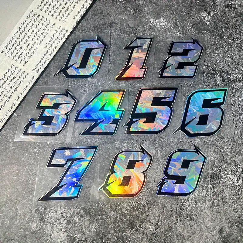 1PC Creative Laser 0123456789 Racing Driver Number Car Sticker Waterproof and Durable Self-adhesive Suitable for Car Bumper Triangle Window Motorcycle Fuel Tank Trunk Helmet Personalized DIY Decorative Sticker