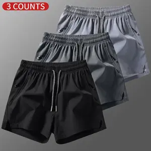 3 packs Men's Plain Solid Color Drawstring Pocket Shorts, Mens Clothing, Athleisure Casual Elastic Waist Pockets Shorts for Summer Breathable Men's Athletic Bottoms for Dail