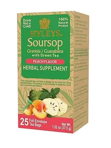 Hyleys Soursop Graviola Guanabana with Green Tea Peach Flavor 25 Tea Bags Support Overall Health Exotic Tropical Blend Refreshing Taste Natural Ingredients