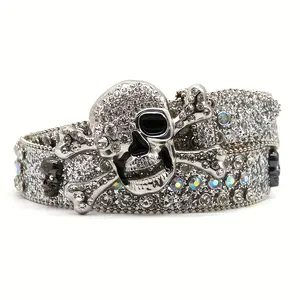 Y2K-Inspired Women's Faux Leather Belt with Rhinestone Skull Buckle - Perfect for Halloween & Party Outfits