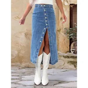 Blue button asymmetrical slit high-waisted denim skirt, outdoor casual long skirt, women’s fashion design GARMENTARY