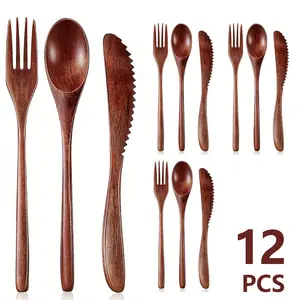 12-Piece Wooden Cutlery Set, Eco-Friendly Kitchen Utensils, Includes Spoon Fork Knife, Natural Wood, Non-Scratch, Dining Tableware