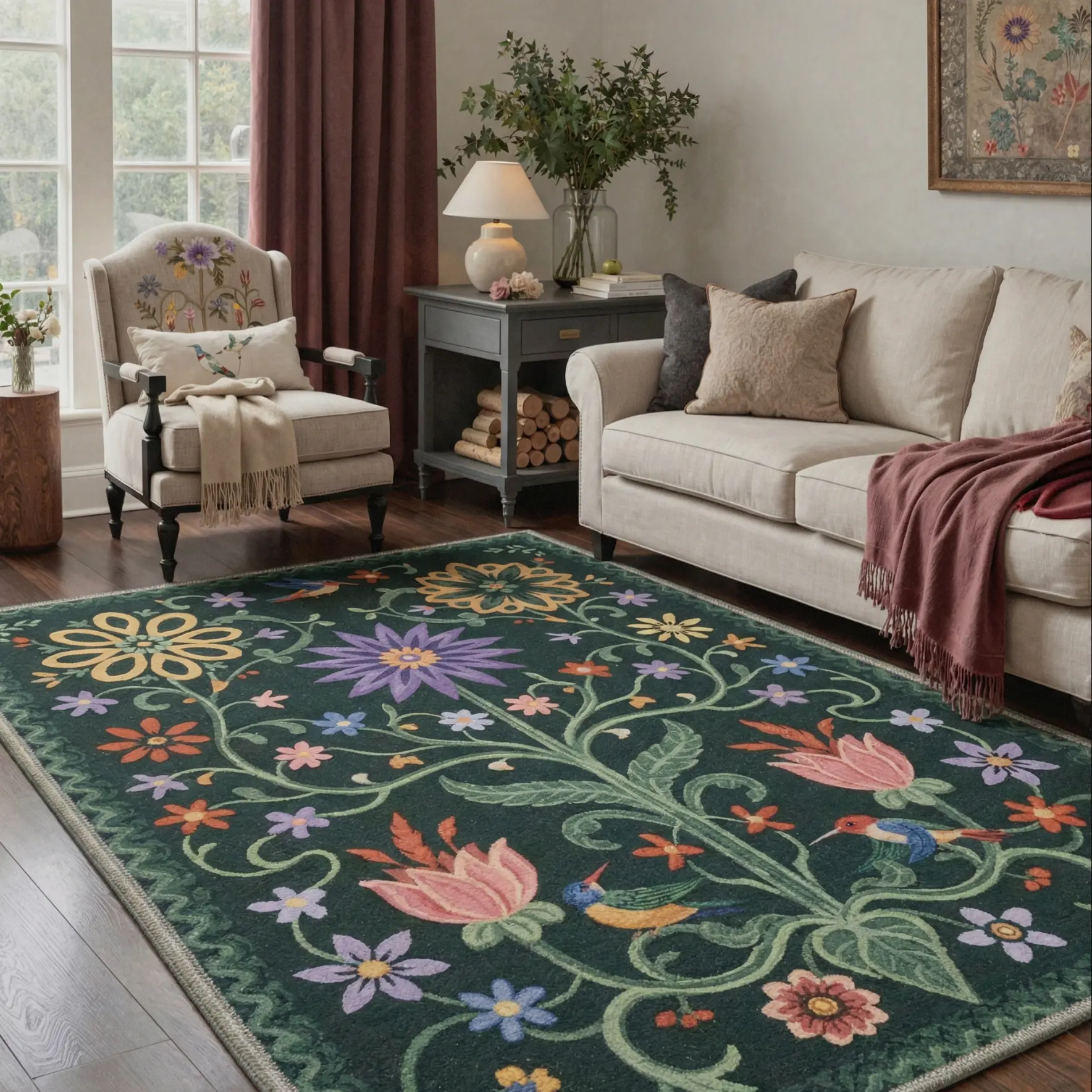 【Back To School】GENIMO Vintage Floral Bird Area Rug, Soft Washable Non-Slip Carpet for Living Room Bedroom, Kid & Pet Friendly Botanical Rug, Dark Green Decorative Floor Rug Multi Size Easy Care