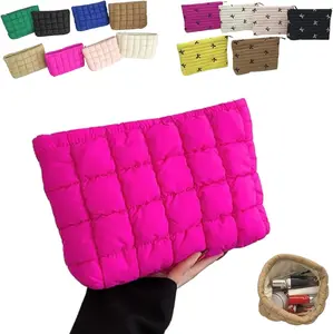 Puffy Quilted Makeup Bag for Women & Girls, Solid Color Quilted Design Clutch,Cosmetic Bag, Portable Travel Toiletry Organizer Pouch Clutch