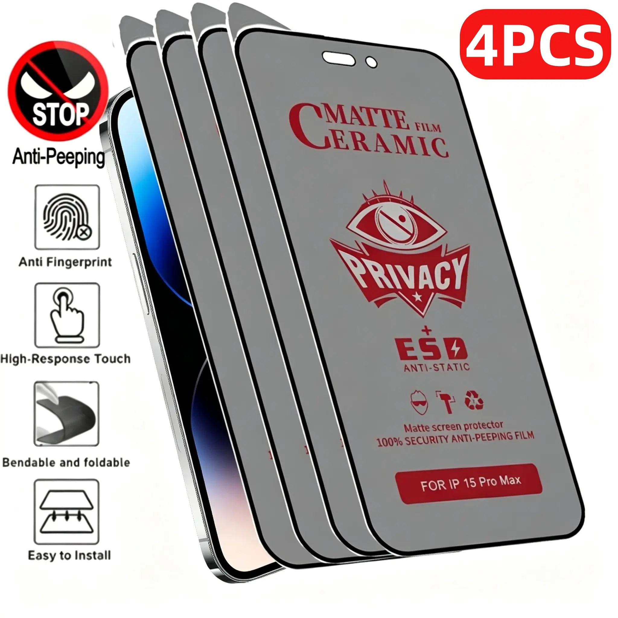 4 Packs Matte Privacy Ceramic Screen Protector Anti Spy Screen Matte Film For Cellphone, Smartphone, iPhone 17/17 Pro/17 Pro Max/16/15/14/13/12/11/X/XR/XS, Full Coverage, Anti-Peeping, Anti-Glare, Anti-Scratch, Bubble-Free Installation
