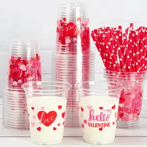 20/40pcs 12-ounce Valentine's Day cups, pink and red disposable transparent plastic cups with heart-shaped straws, suitable for coffee, juice, beverages, party supplies, Valentine's Day parties, anniversaries, engagements and weddings.  The best choice.