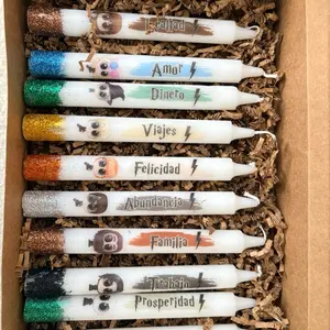 Personalized Candle for Colombian Candle Day - Unique Design with Amor, Dinero, Viajes, Felicidad, Abundancia, Familia, Trabajo, and Prosperidad