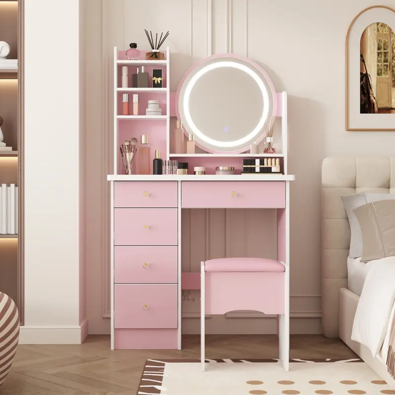 FUFU&GAGA Dream Makeup Vanity Set Desk with Mirror & 3 Lights, Crystal Handle Drawers, Modern Vanity Table with Versatile Storage for Makeup and Cosmetics, for Bedroom, Engineered Wood, Flexible Lighting Options