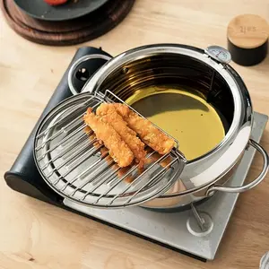 Japanese-Style Deep Fryer with Thermometer, Cold Touch Handle, Stainless Steel, Removable Oil Filter Rack for Kitchen Home  Pot Cookware