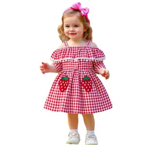 Ready Stock 9m-6y Girls Sweet Strawberry Plaid Print Dress Straps Louts Leaf Collar Long Sleeve Dress for Spring Fall Casual Wear 42505034