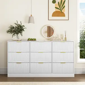 [Bellemave]  63" Large Deep Chest of Drawers, Wooden Dresser Storage Cabinet with 9 Drawers, Long Dressers for Bedroom, Living Room, Hallway, White