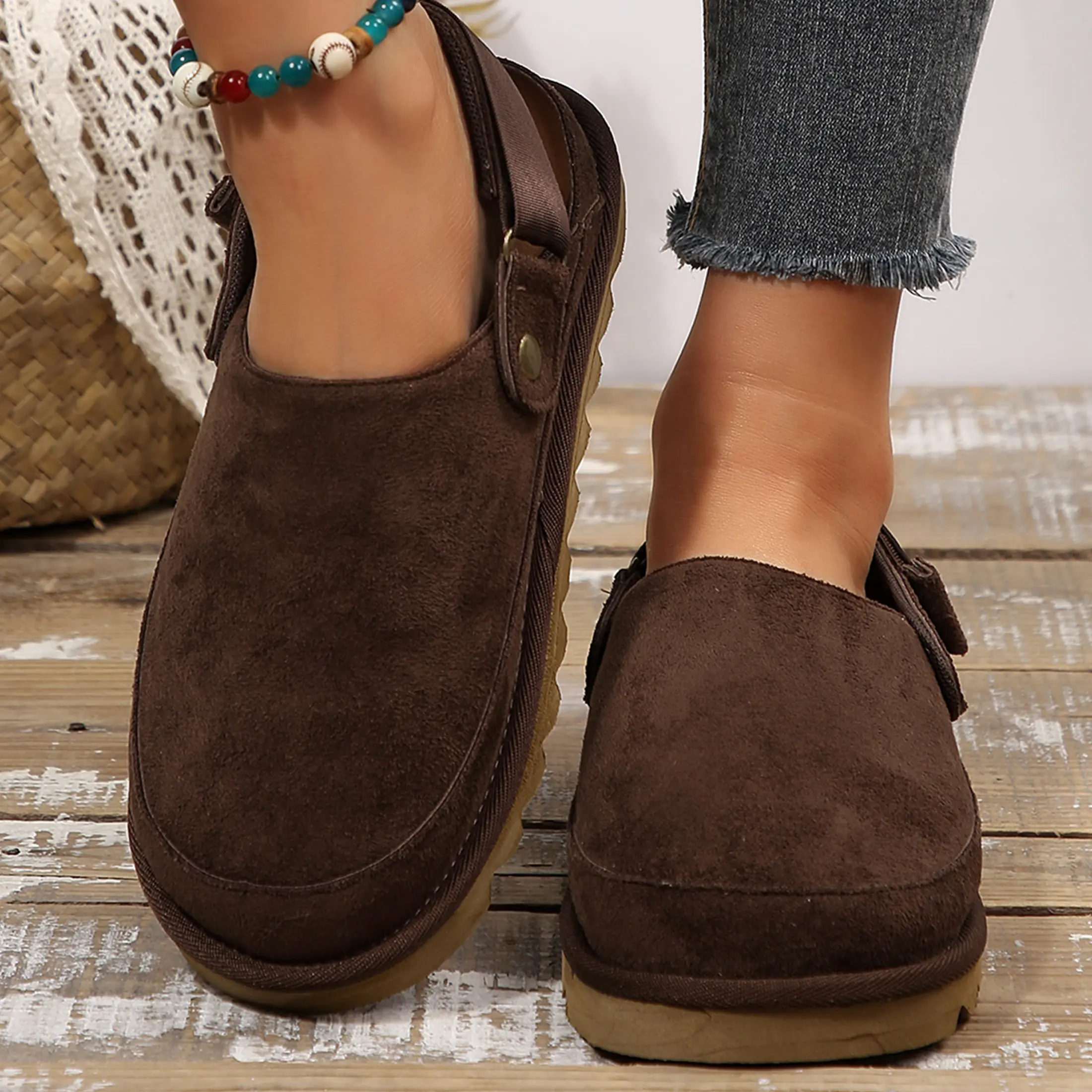 Women's Suede Clogs Shoes Adjustable Platform Mules Casual Cloud Sandals Non Slip Shoe Slippers Indoor Outdoor Shoes