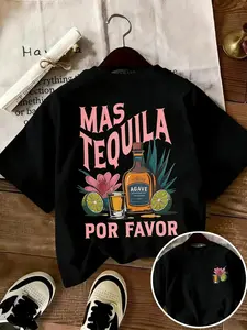 Viral Mas Tequila Por Favor Graphic T-Shirt, Summer Tee, Casual Summer Tops, Y2K Aesthetic Party & Vacation Top, Comfy Casual Shirt with Alcohol Print, Must-Have for Beach,,shirts