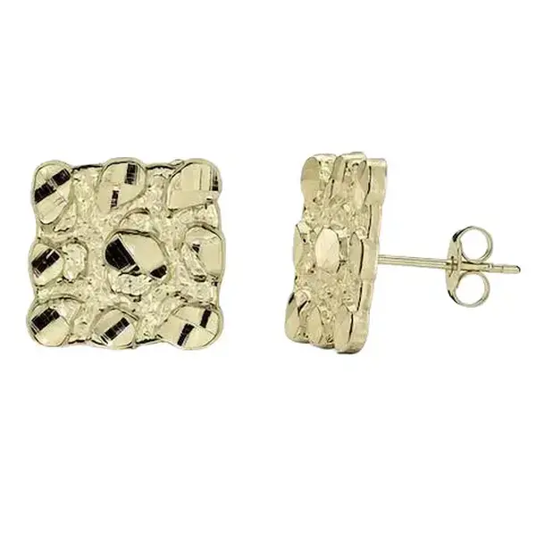 14K Gold Plated Textured Square Nugget Minimalist Push-Back Stud Earrings for Adults, All Seasons Daily Wear, Layer-Friendly Unisex Costume Jewelry Gift