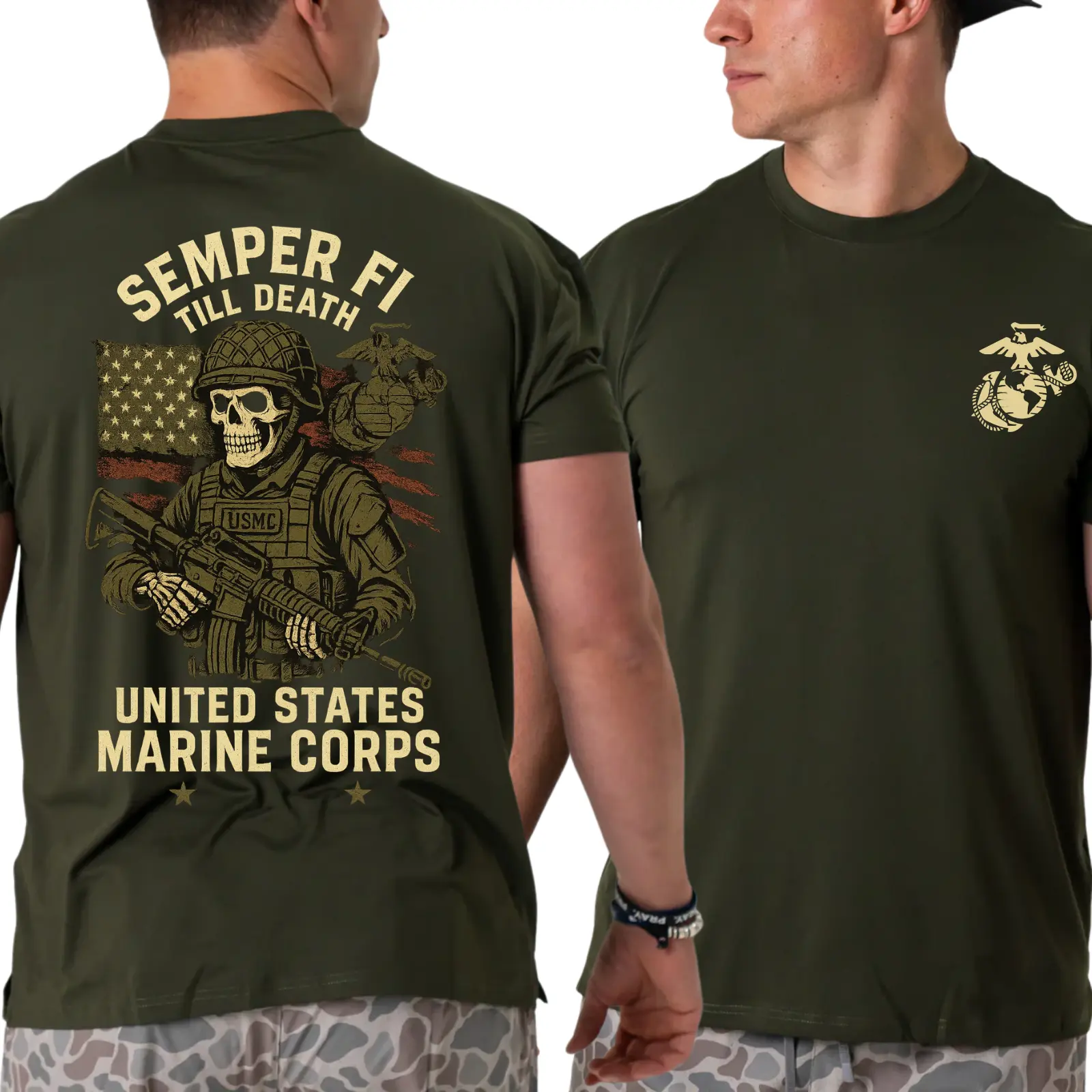 U.S. Marines T-Shirt, Semper Fi Till Death Skeleton Marine with Rifle and American Flag Graphic 2 Sides, Patriotic Military Tee with USMC Logo for Veterans, Brotherhood and Freedom Supporters for Men & Women, Streetwear, Graphic Tee